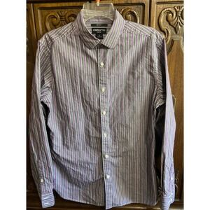 Claiborne Slim Fit Mens Shirt M Grey Purple Striped 80s 2-Ply Cotton Long Sleeve